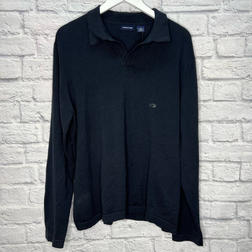 Structure Mens V-Neck Collared Knit Sweater Size XL Navy Blue Long Sleeve New